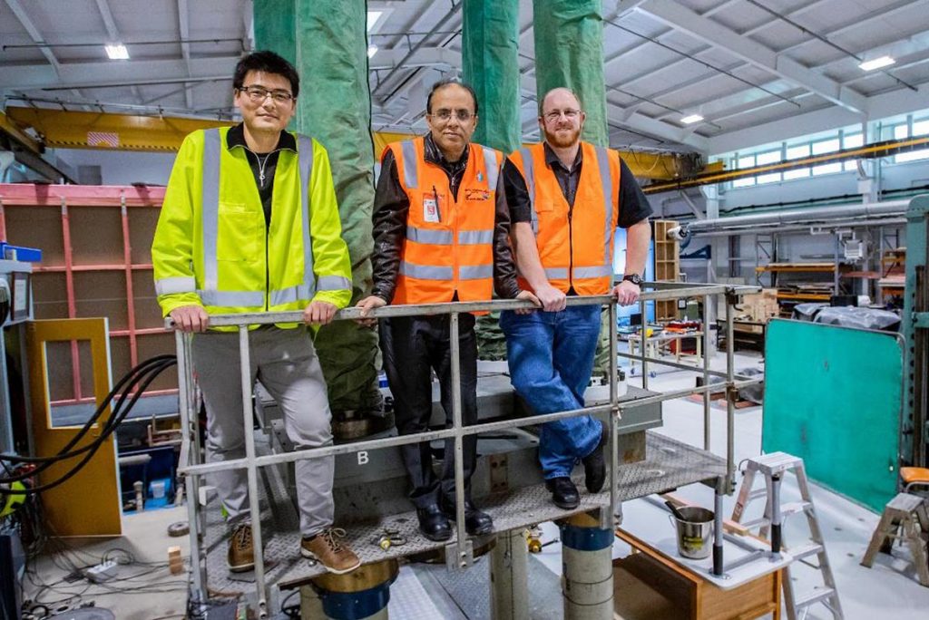 University of Canterbury Engineering Professor Rajesh Dhakal (centre) and Professor Geoff Rodgers (right) along with Dr Brian Guo (left)