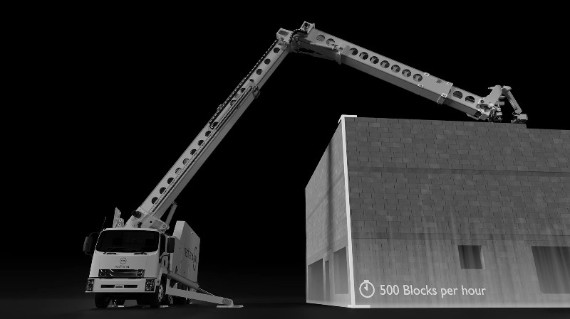 Hadrian X’s 32-metre telescoping boom arm can build up to 3-storeys.