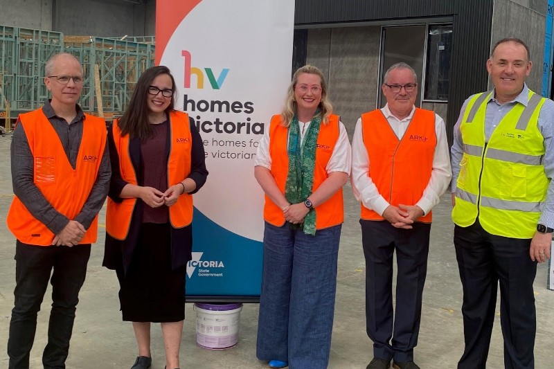 (L-R): Craig Chatman, Managing Director, Arkit; Harriet Shing, Victorian Housing Minister; Sarah Connolly, Victorian State Member for Laverton; Jack Haber, Head of Development, HHS; Simon Newport, CEO, Homes Victoria.